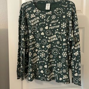 Pink thermal pajama top green and white size large long sleeve festive Christmas
